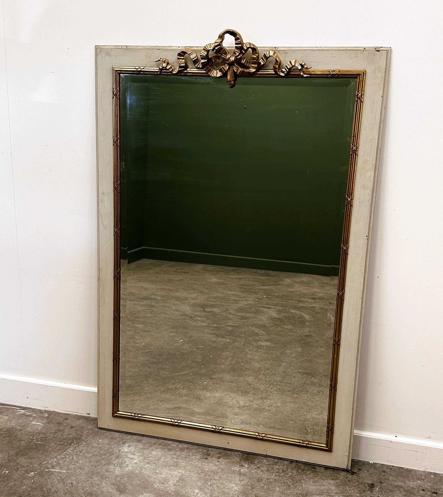 Massive 19th Century French Neoclassical Painted Mirror With Gilt Ribbon Crest – 165cm High Statement Piece