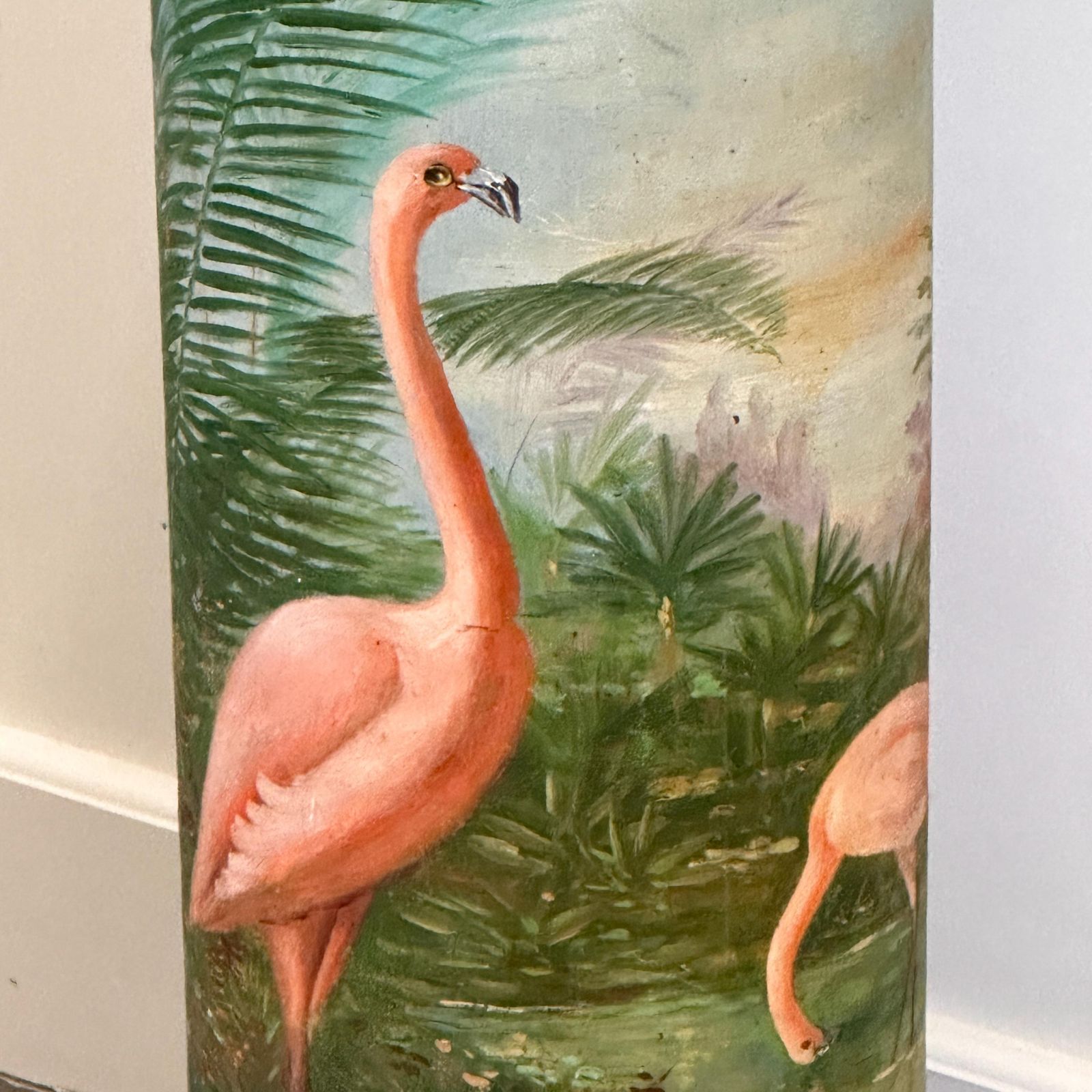 Unique Hand Painted Flamingo Pedestal Artwork On Terracotta, 1940s France