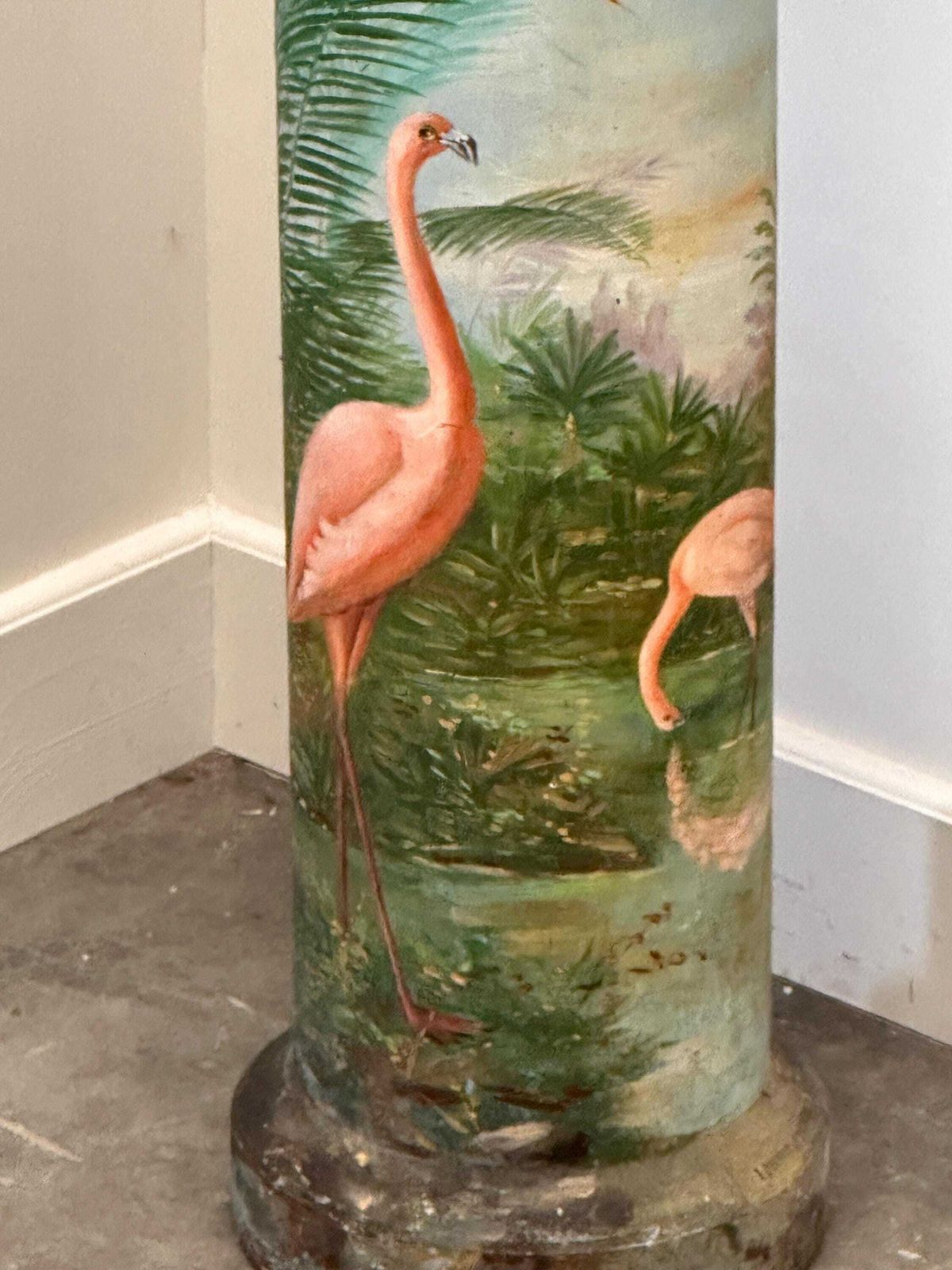 Unique Hand Painted Flamingo Pedestal Artwork On Terracotta, 1940s France photo furniture