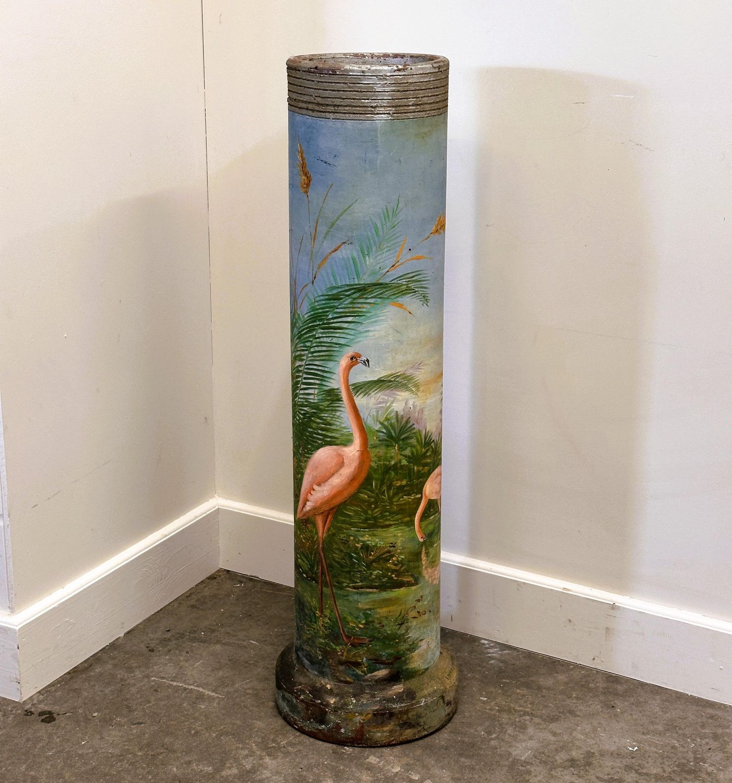 Unique Hand Painted Flamingo Pedestal Artwork On Terracotta, 1940s France photo for sale