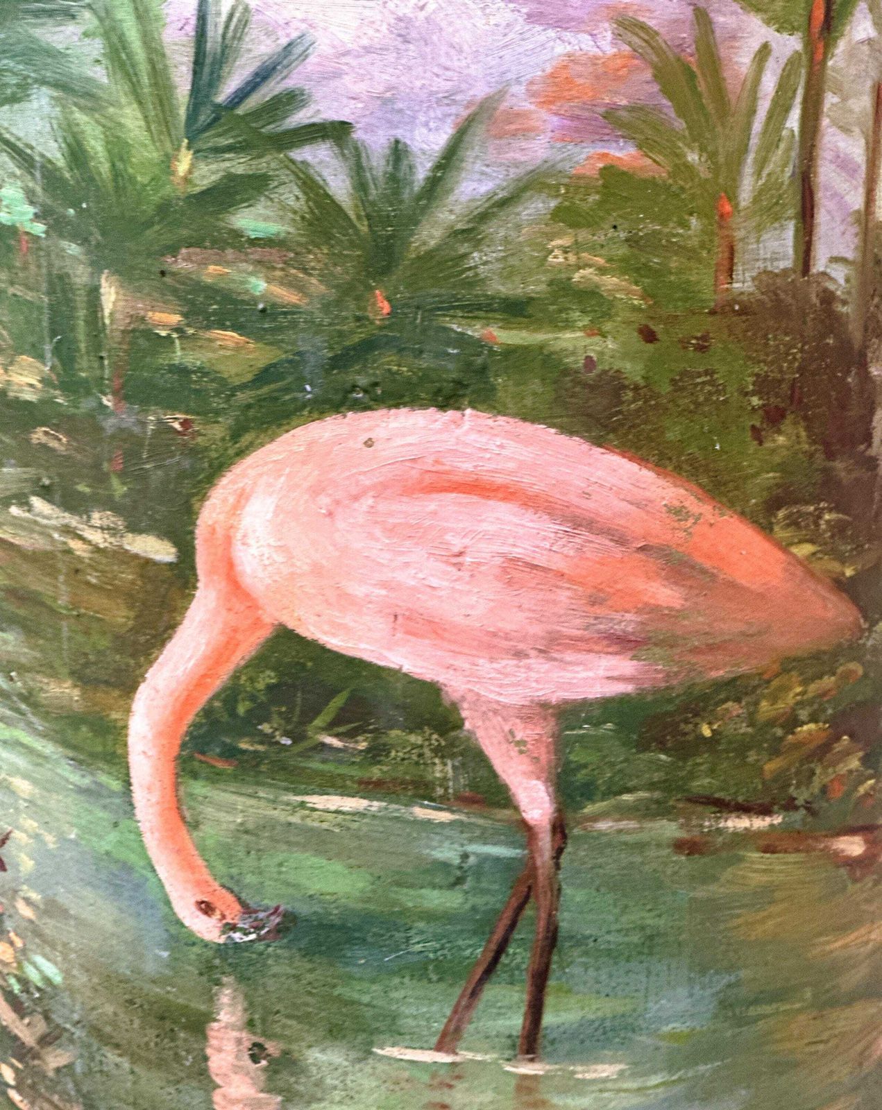 photo furniture Unique Hand Painted Flamingo Pedestal Artwork On Terracotta, 1940s France