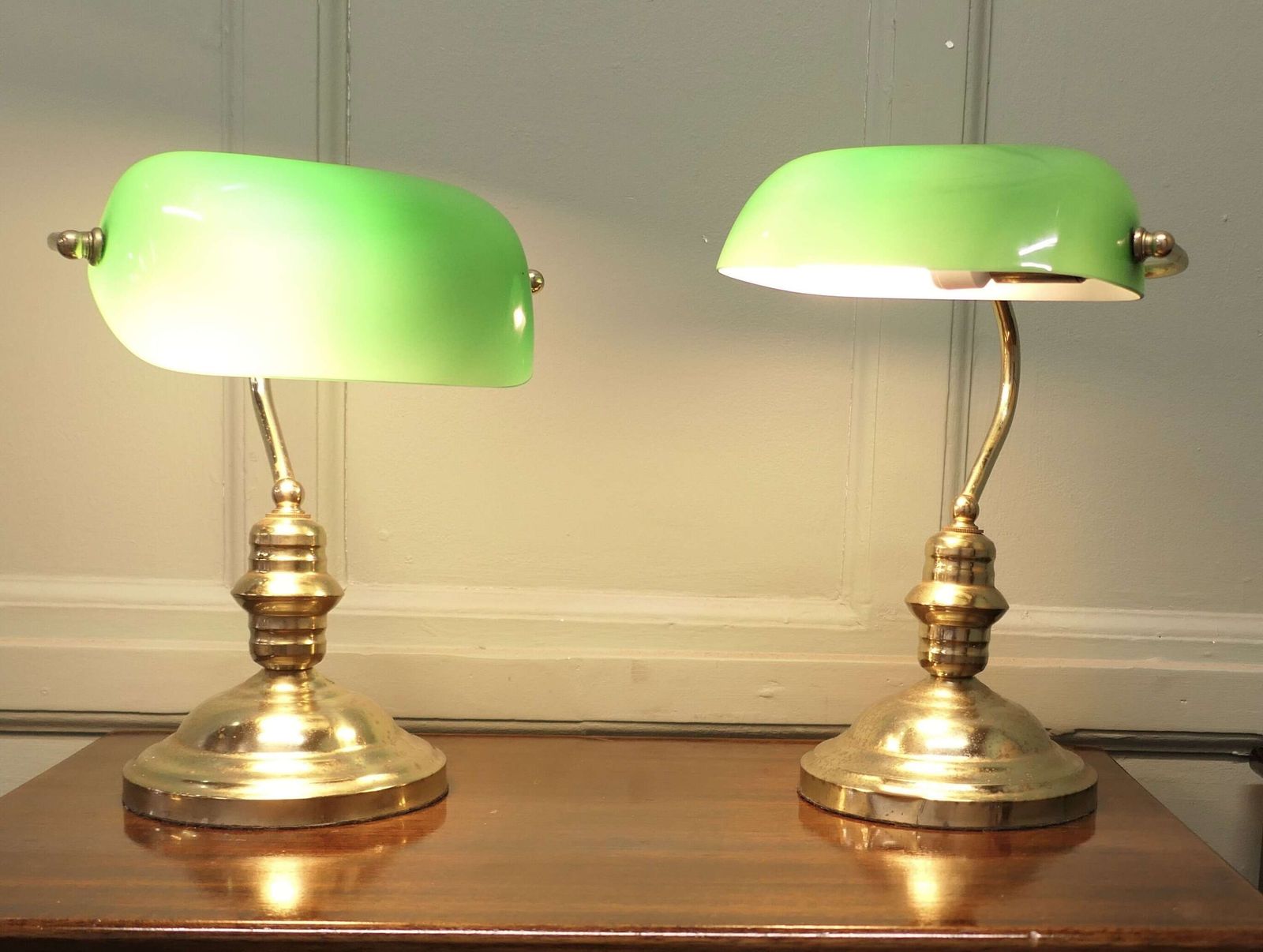 A Pair Of Brass And Green Glass Banker’s Lamps photo furniture