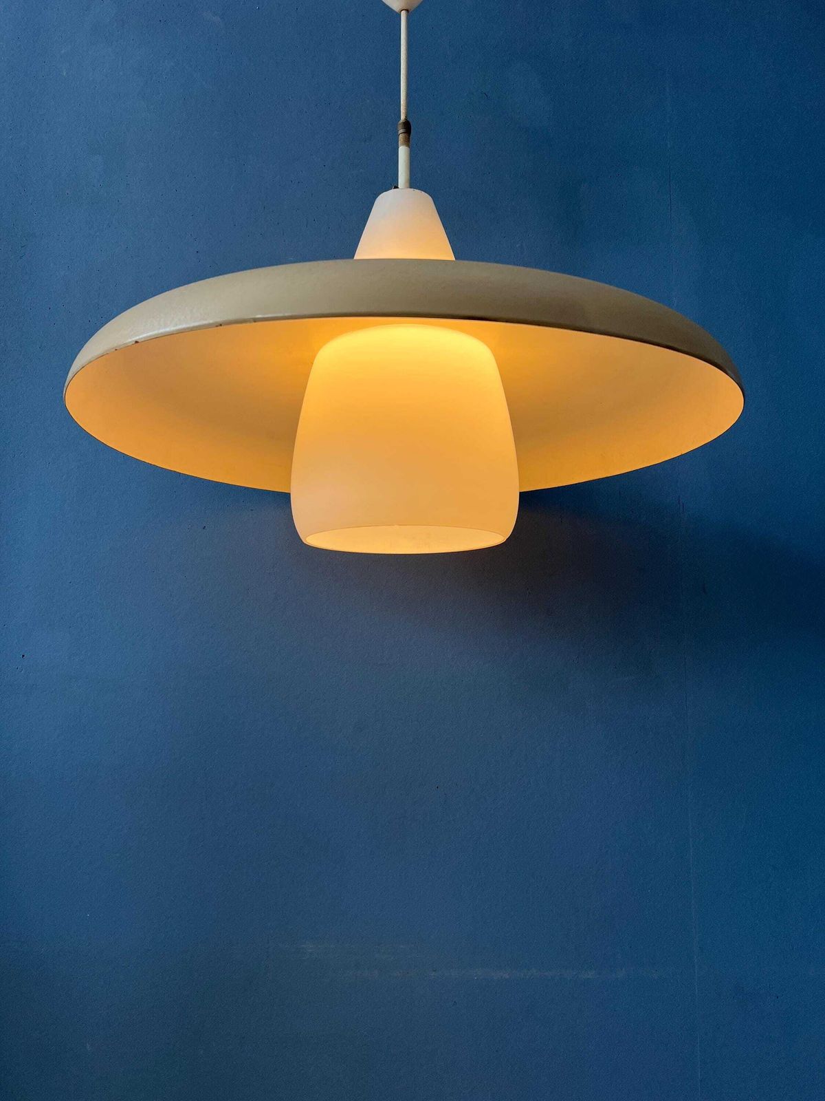 Vintage Opaline Glass Louis Kalff Philips Ufo Pendant Lamp photo for sale