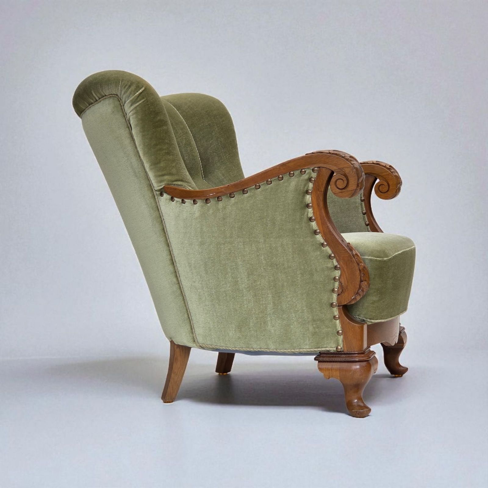 1960s, Danish Armchair, Green Furniture Velour, Carved Oak Wood.