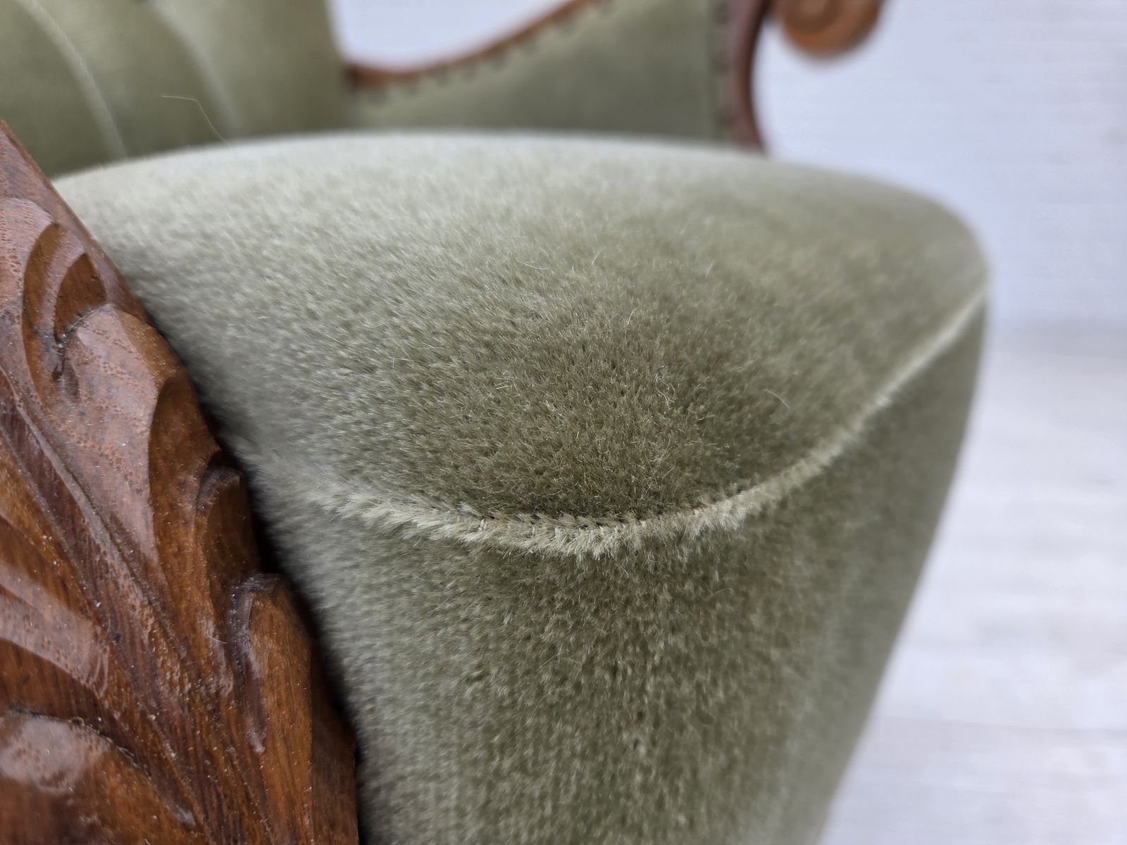 1960s, Danish Armchair, Green Furniture Velour, Carved Oak Wood. photo for sale