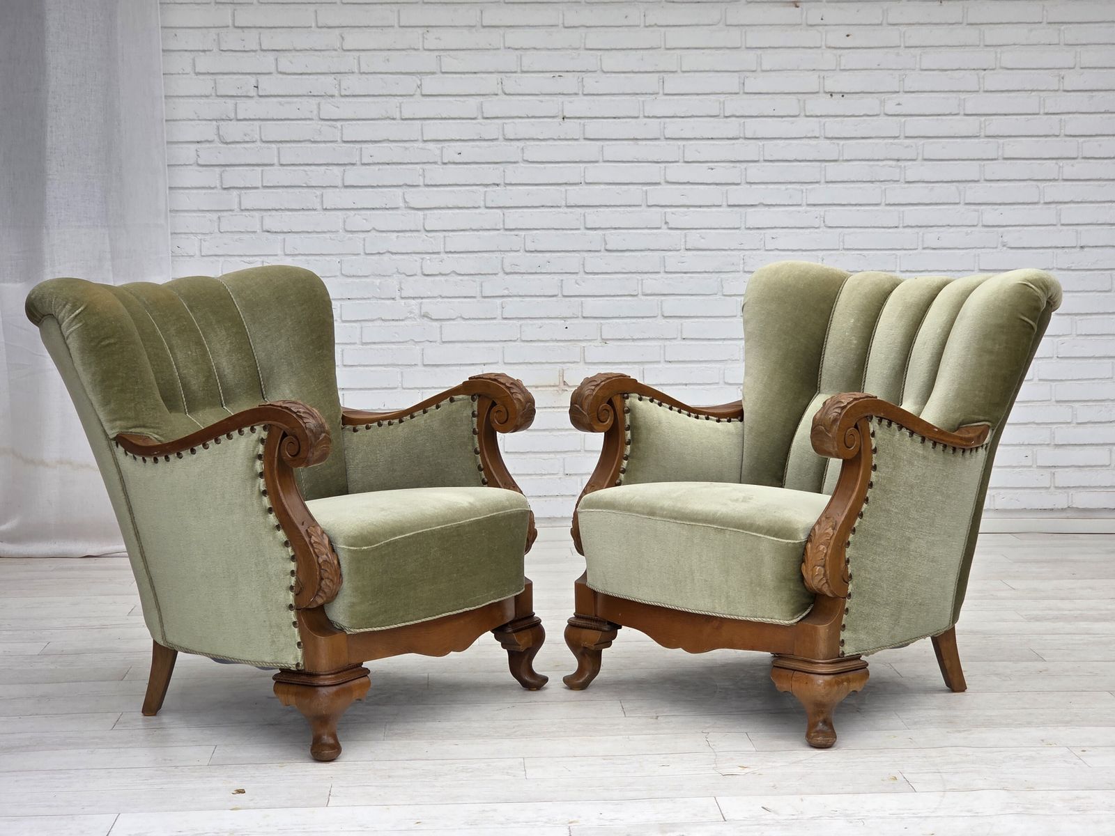 1960s, Danish Armchair, Green Furniture Velour, Carved Oak Wood. photo 1650.0