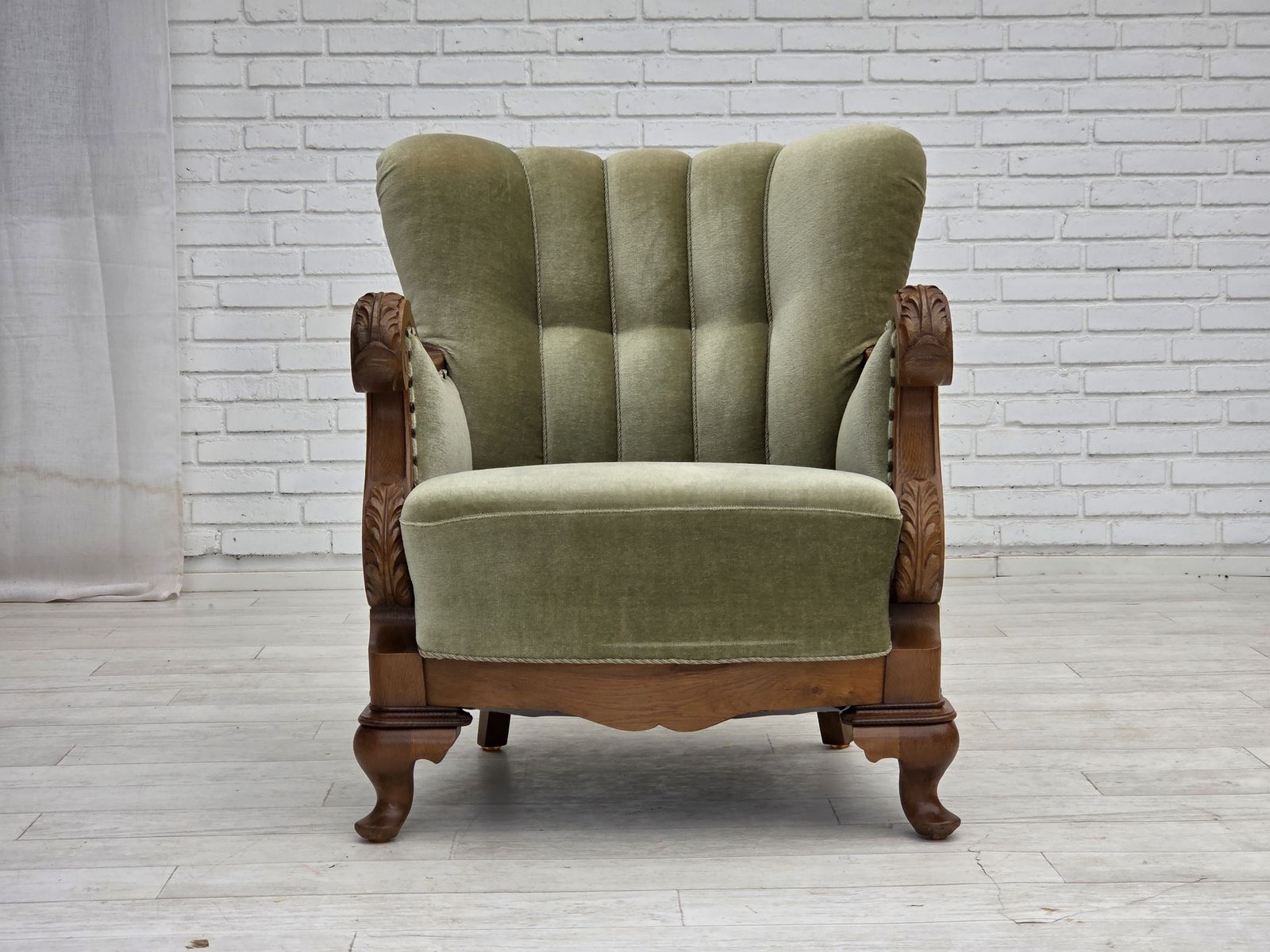 1960s, Danish Armchair, Green Furniture Velour, Carved Oak Wood. photo buy