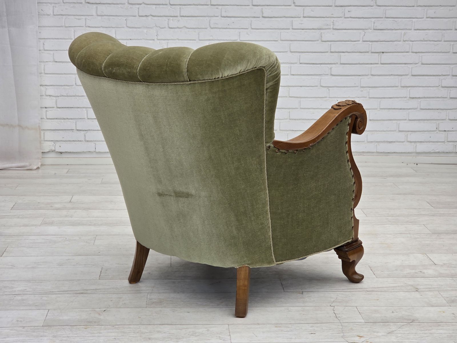 photo for sale 1960s, Danish Armchair, Green Furniture Velour, Carved Oak Wood.