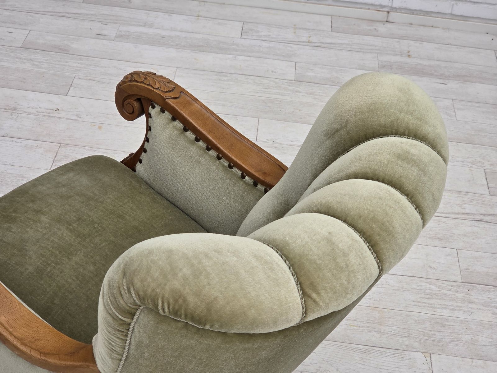 Furniture 1960s, Danish Armchair, Green Furniture Velour, Carved Oak Wood. photo