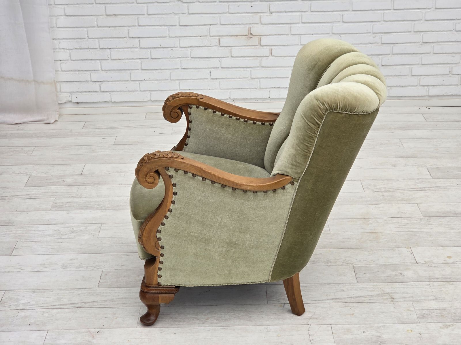 1650.0 1960s, Danish Armchair, Green Furniture Velour, Carved Oak Wood. photo