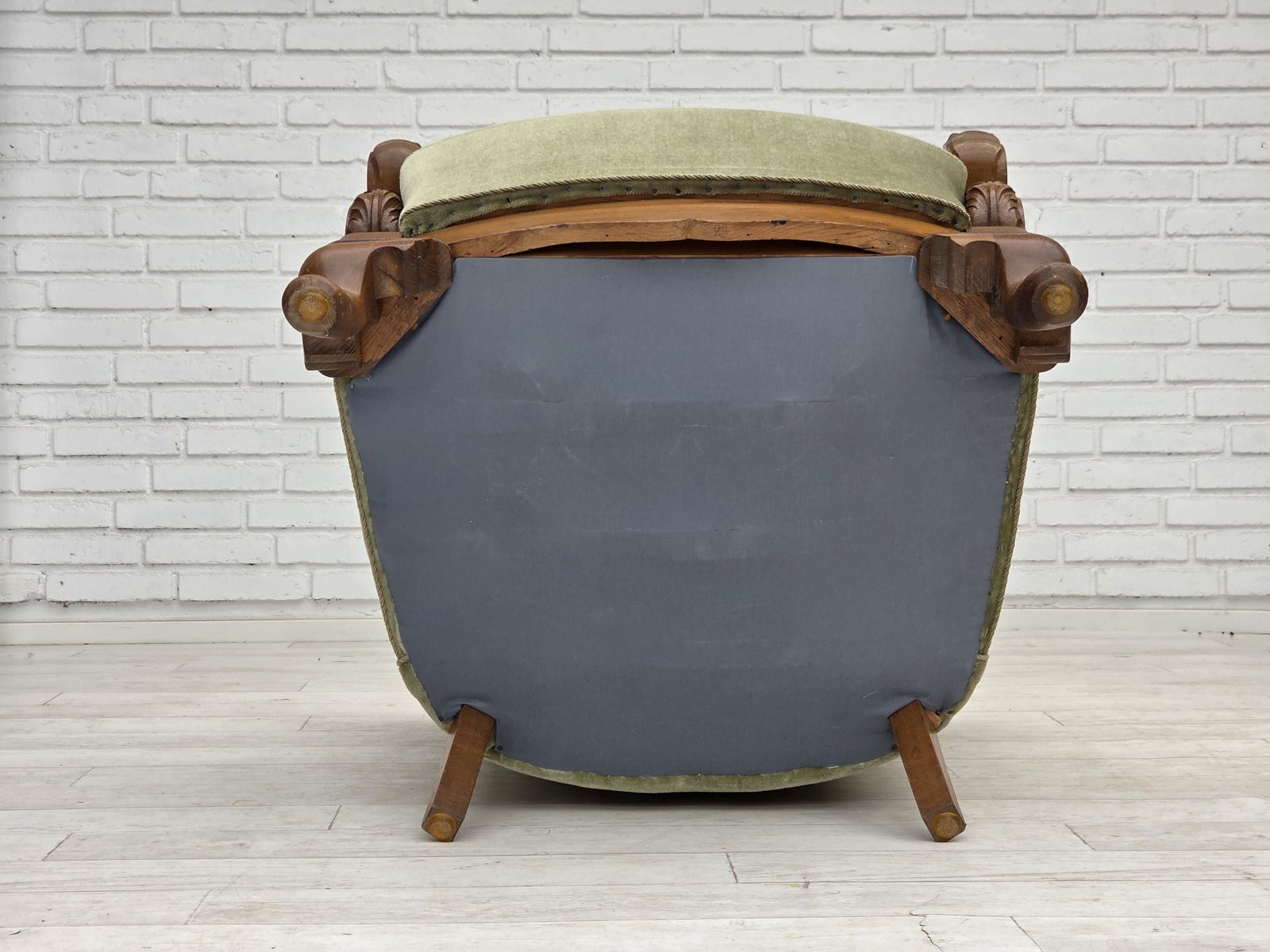 photo buy 1960s, Danish Armchair, Green Furniture Velour, Carved Oak Wood.
