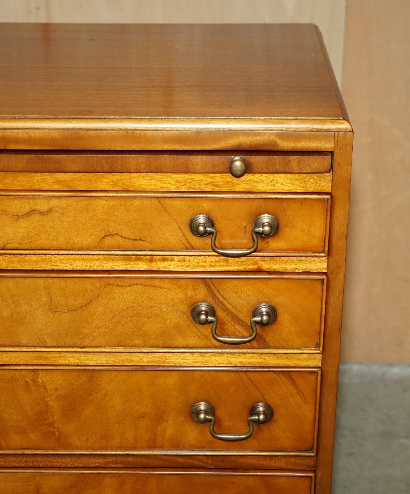 Lovely Walnut Brown Leather Military Campaign Nightstand Drawers Or Side Table photo vinterior