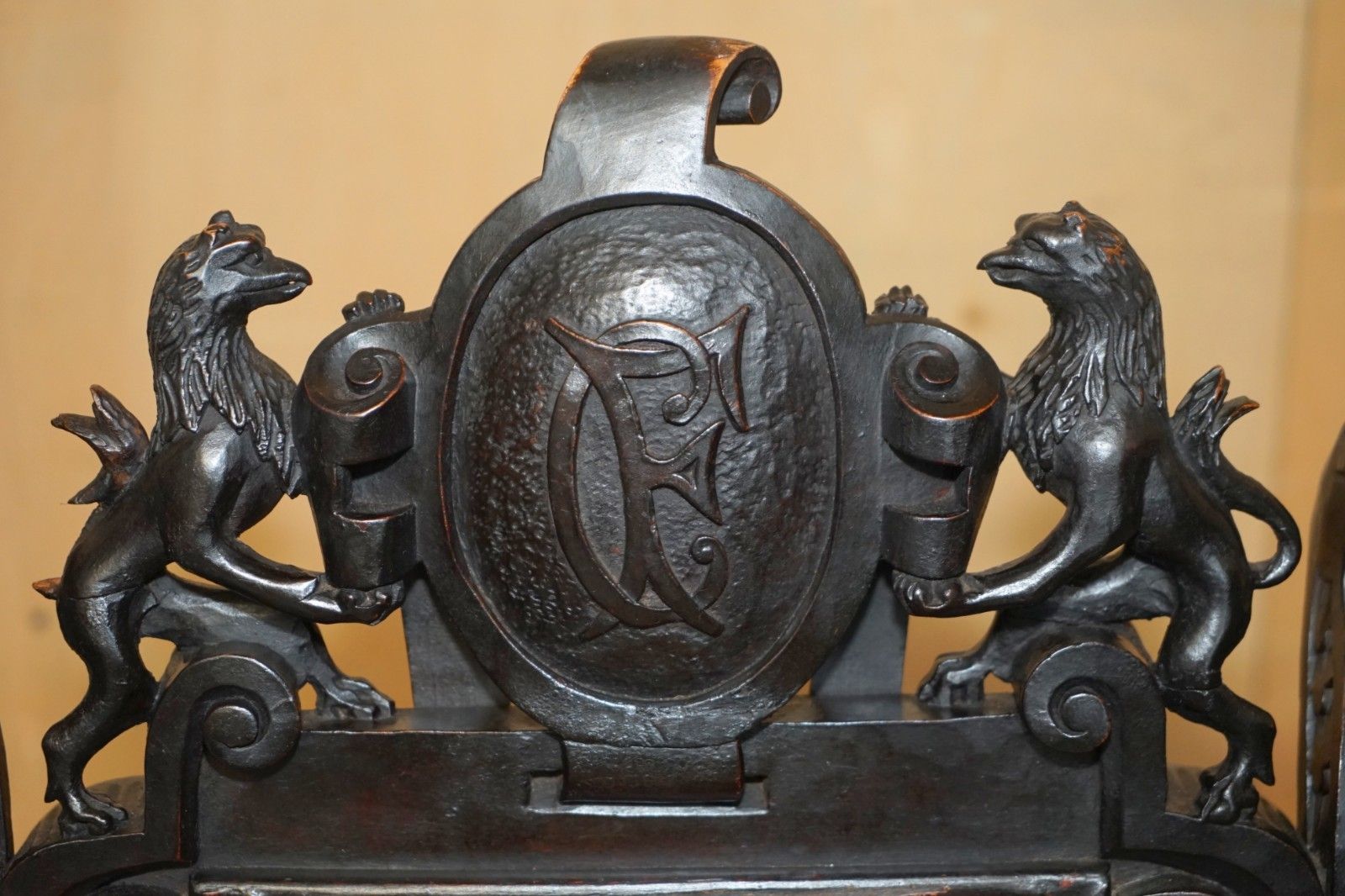 Hand Carved Antique French Empire Griffin Armorial Crest Coat Of Arms Armchair photo vinterior