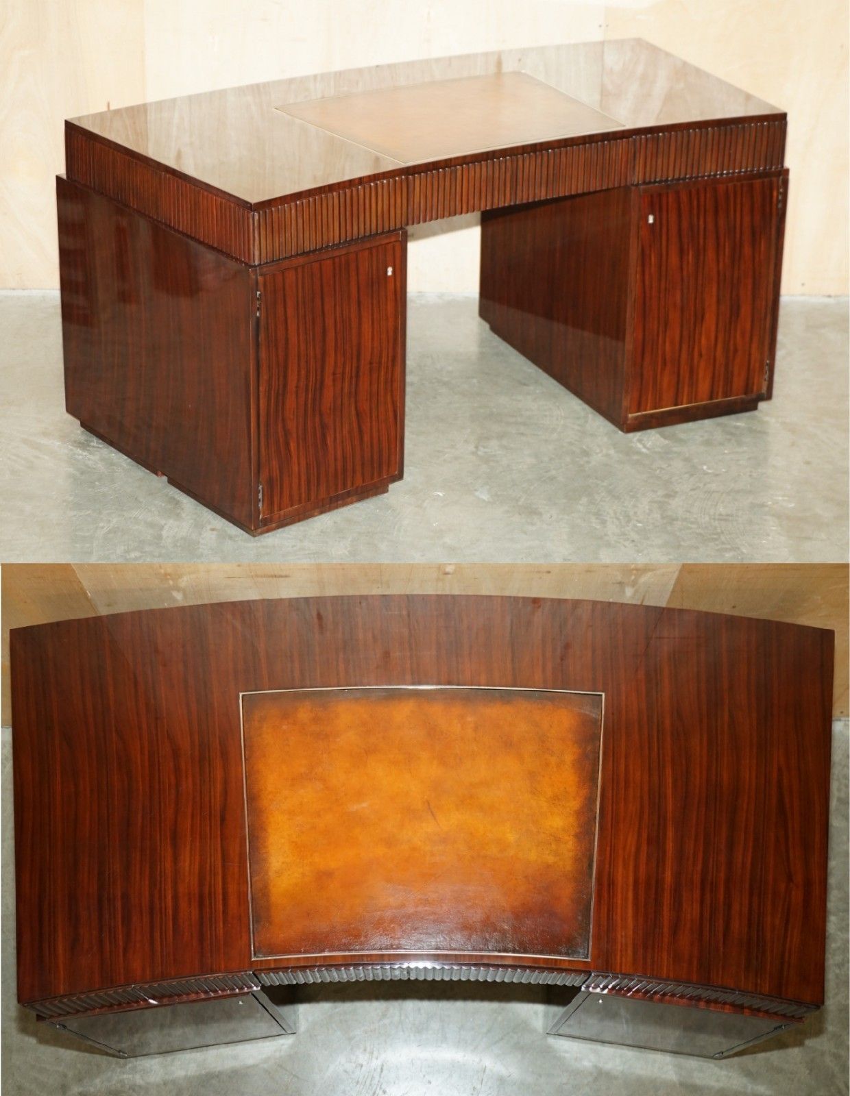 Ralph Lauren Metropolis Macassar & Brown Leather French Art Deco Curved Desk