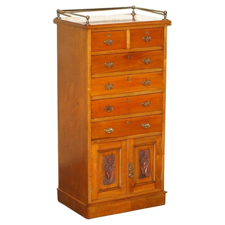 Victorian Walnut Hand Carved Tallboy Chest Of Drawers Cupboard With Gallery Rail