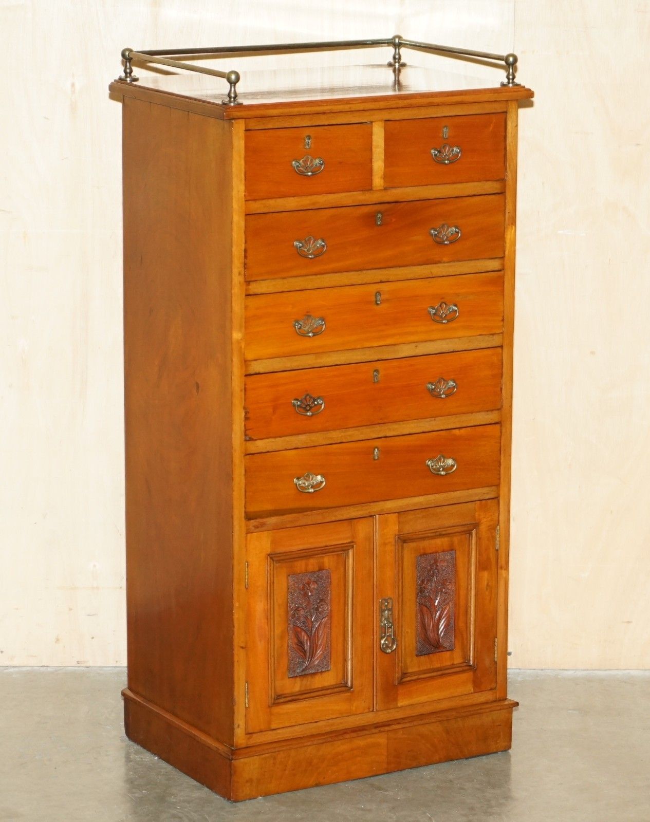 Victorian Walnut Hand Carved Tallboy Chest Of Drawers Cupboard With Gallery Rail photo furniture