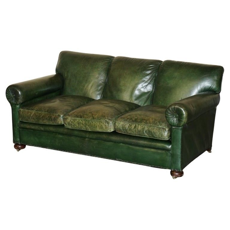 Original Unrestored Green Leather Maple & Co Stamped Victorian Bolster Arm Sofa