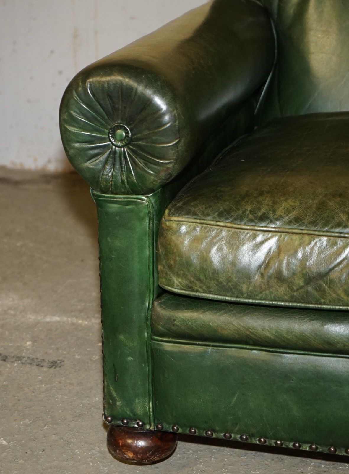 Original Unrestored Green Leather Maple & Co Stamped Victorian Bolster Arm Sofa photo Furniture