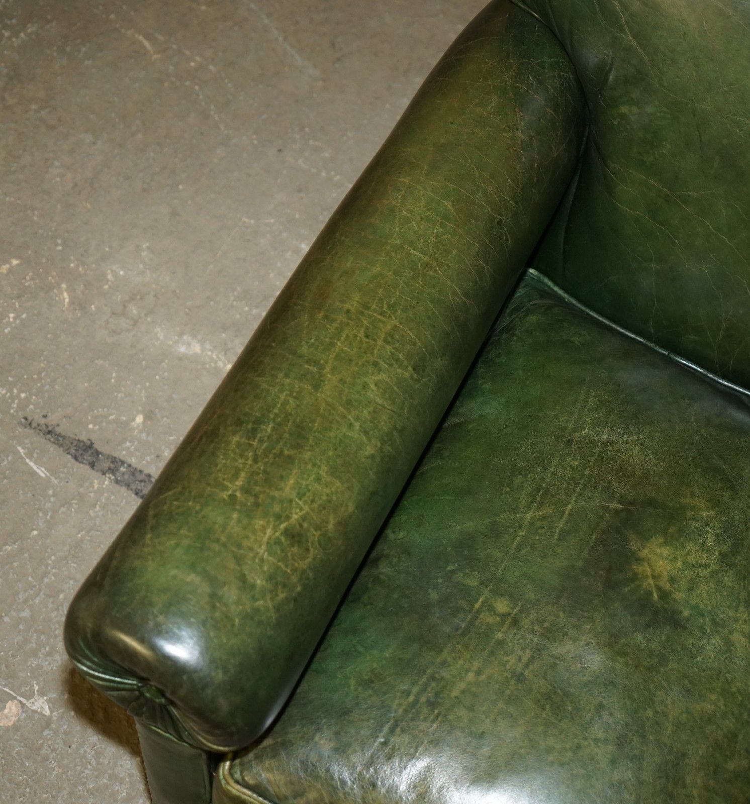 Original Unrestored Green Leather Maple & Co Stamped Victorian Bolster Arm Sofa photo buy