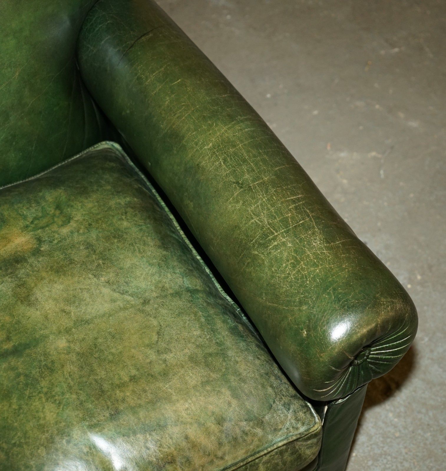Original Unrestored Green Leather Maple & Co Stamped Victorian Bolster Arm Sofa photo vintage
