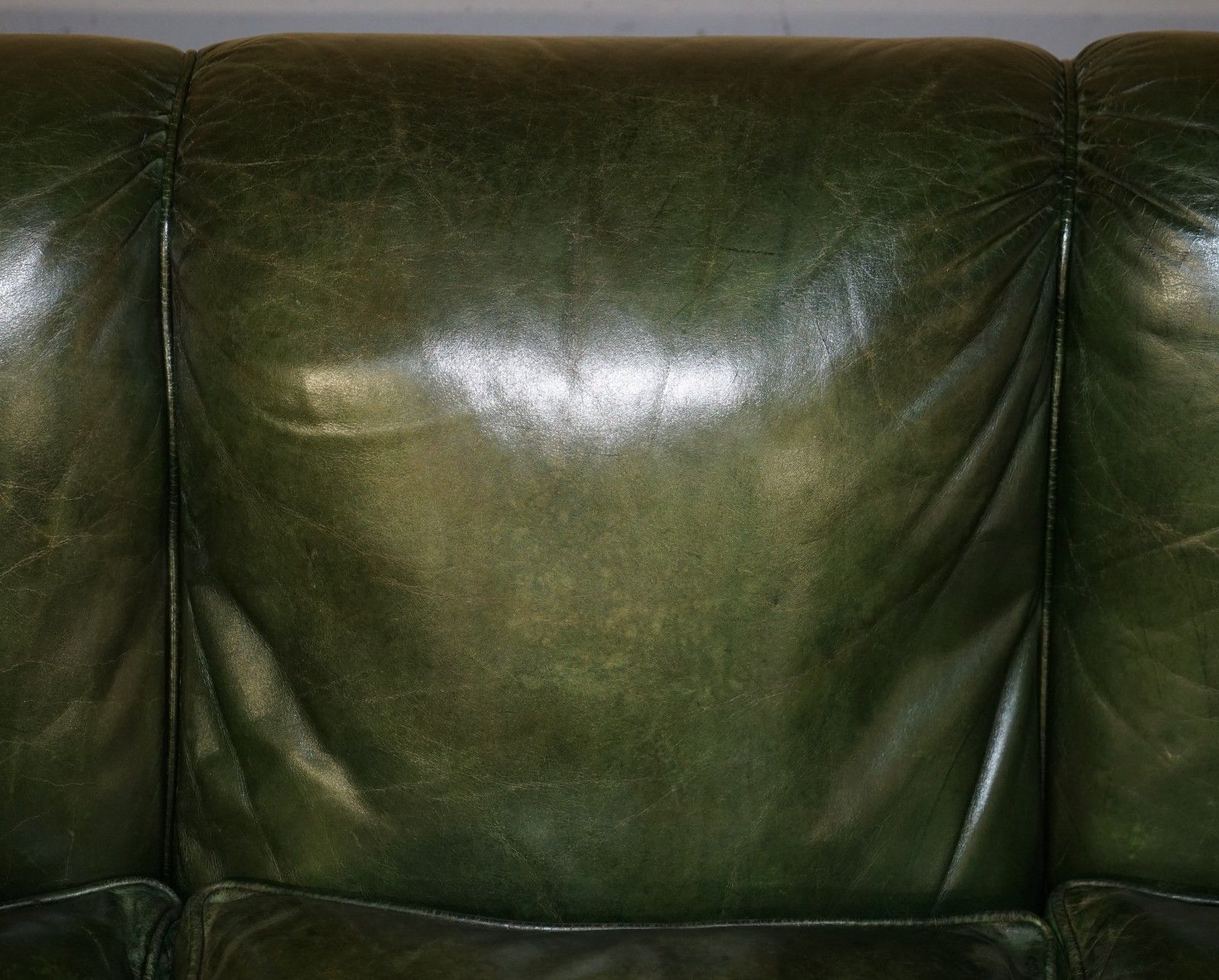 7950.0 Original Unrestored Green Leather Maple & Co Stamped Victorian Bolster Arm Sofa photo