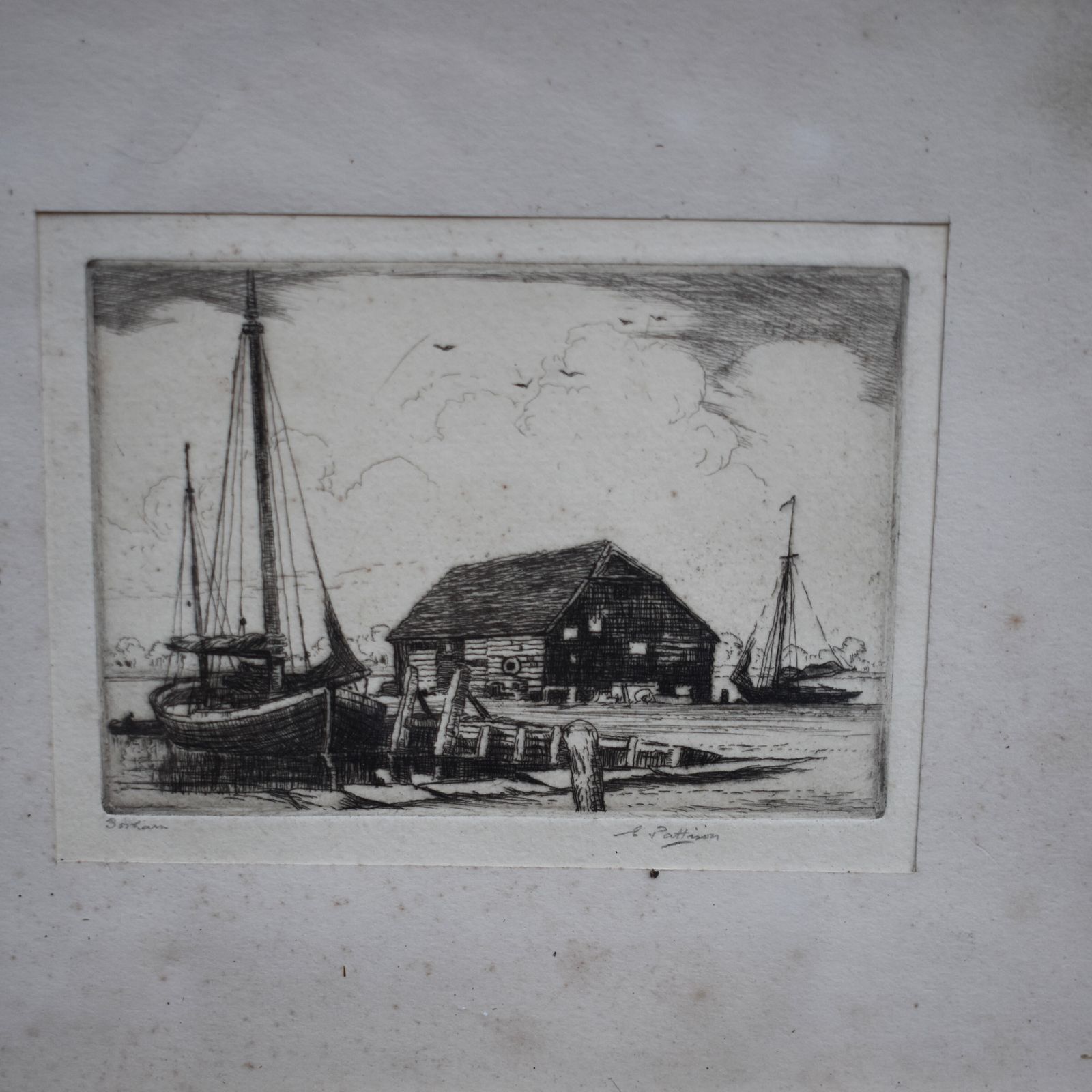 Antique Elgar Pattison Black & White Boatyard Harbour Etching Picture Signed photo for sale