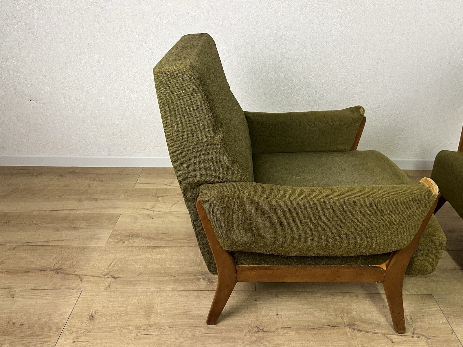 Furniture Pair Of Wooden Armchairs Green Fabric Year 60’ Vintage Design photo