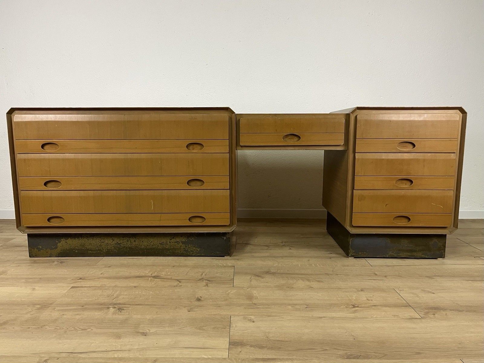 1960’s Brass Wood Console Chest Of Drawers Vintage Design