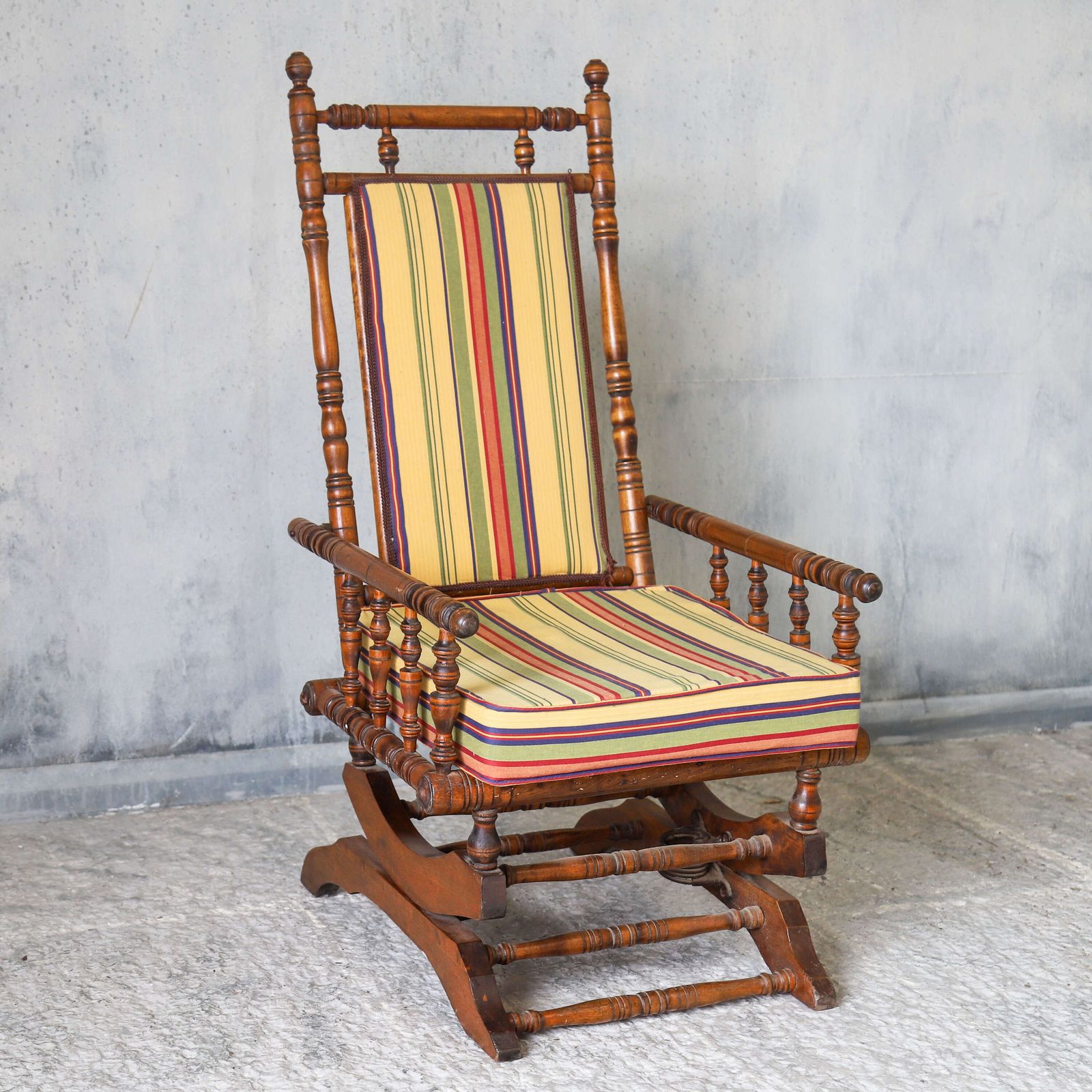 Early 20th Century French Bobbin Rocking Chair With Colourful Striped Upholstery photo for sale