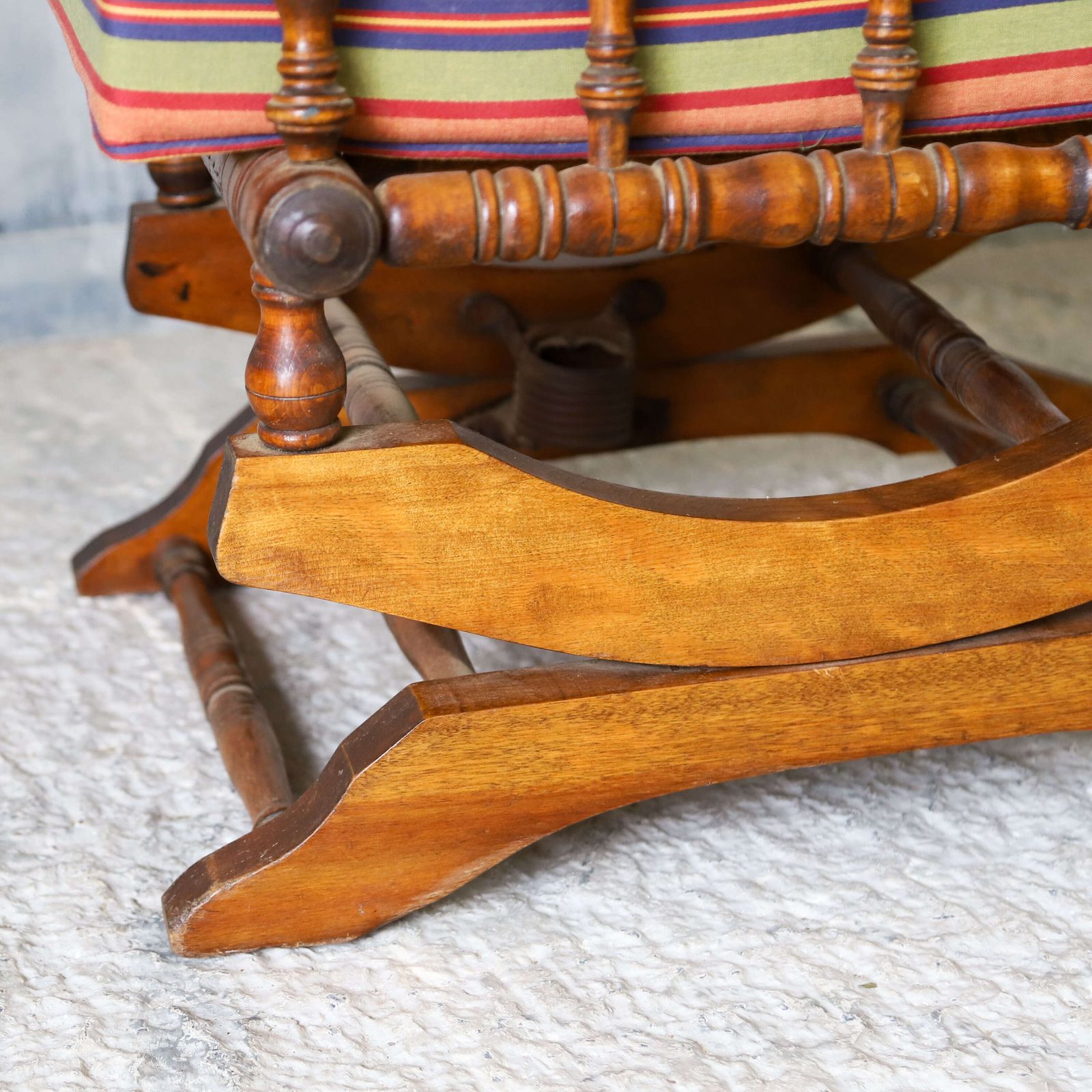 Early 20th Century French Bobbin Rocking Chair With Colourful Striped Upholstery photo buy