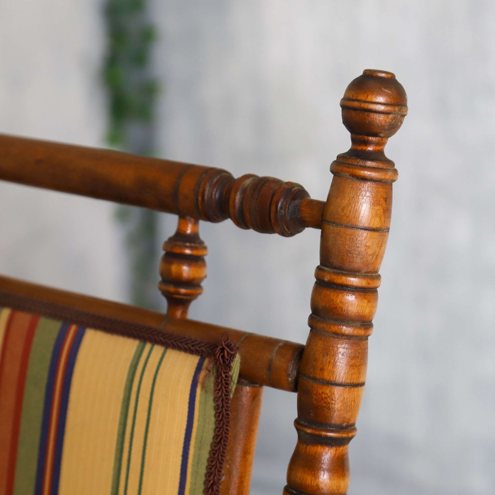 photo for sale Early 20th Century French Bobbin Rocking Chair With Colourful Striped Upholstery
