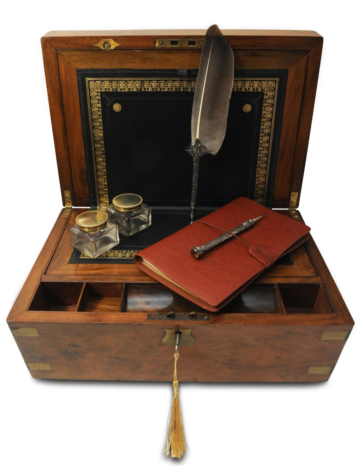 Exquisite Victorian Hand Crafted Burr Walnut Writing Slope With Black Tooled Leather Interior With Secret Compartment