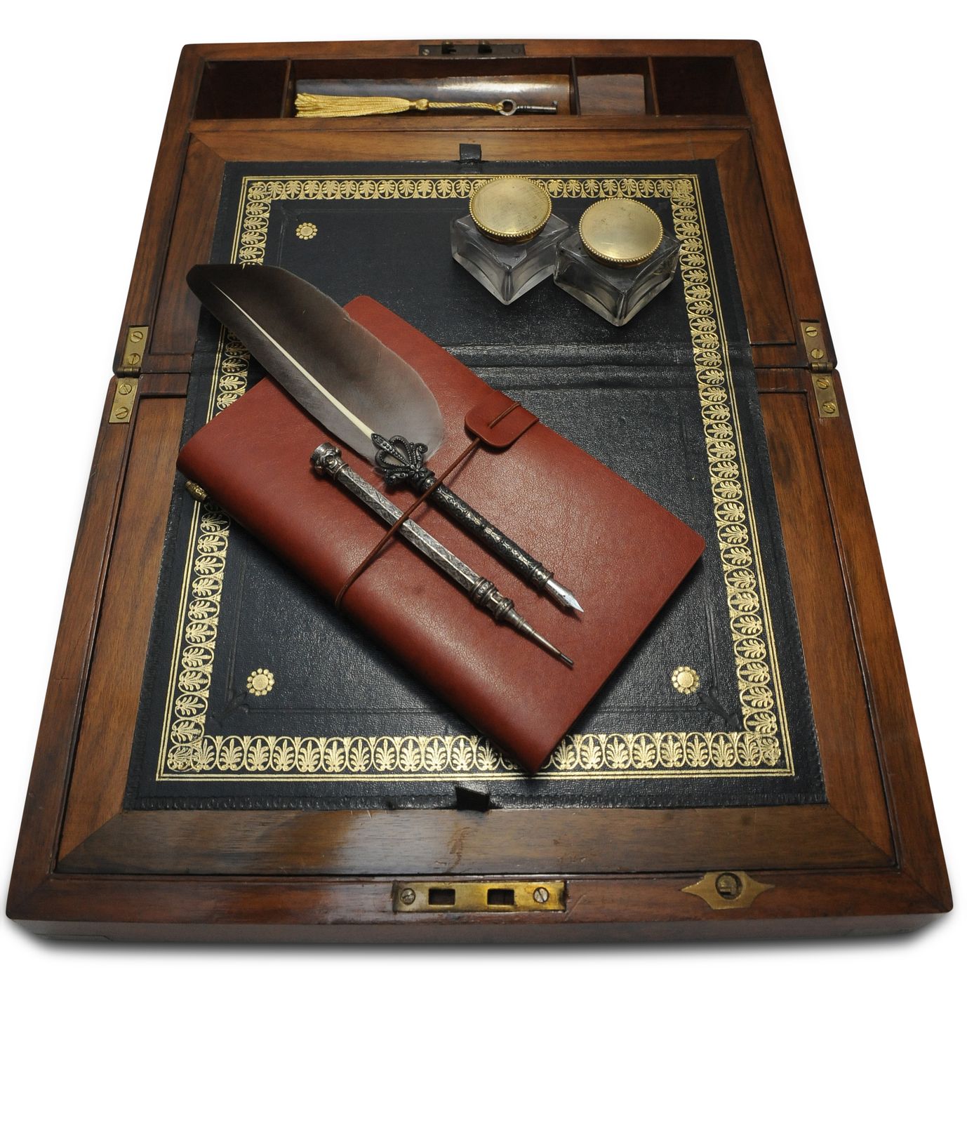 Exquisite Victorian Hand Crafted Burr Walnut Writing Slope With Black Tooled Leather Interior With Secret Compartment photo Home Decor