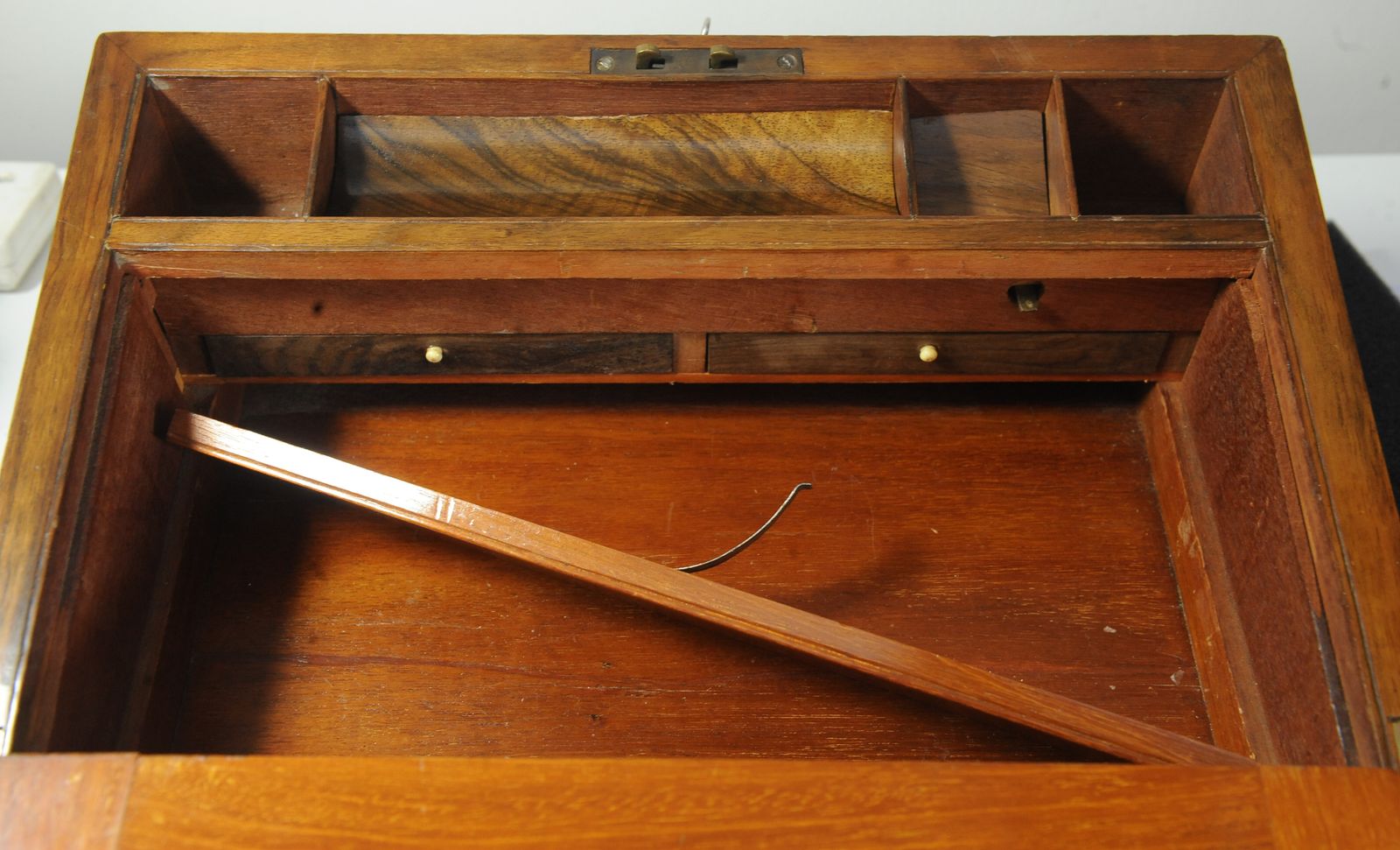 photo furniture Exquisite Victorian Hand Crafted Burr Walnut Writing Slope With Black Tooled Leather Interior With Secret Compartment