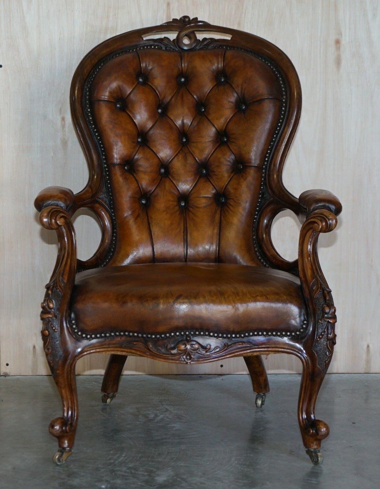 Fine Antique Show Framed Victorian Chesterfield Brown Leather Library Armchair photo furniture