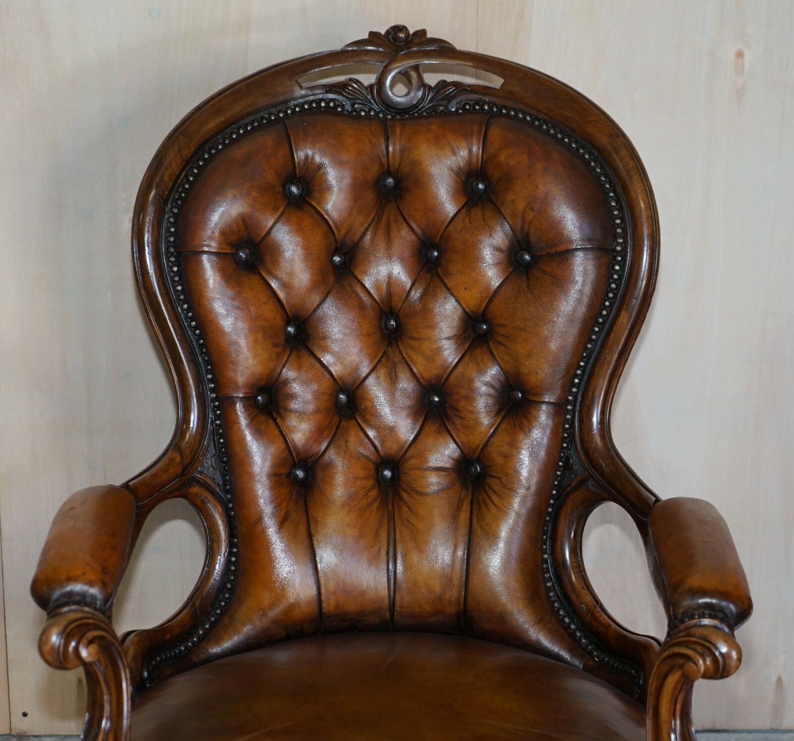 Fine Antique Show Framed Victorian Chesterfield Brown Leather Library Armchair photo for sale