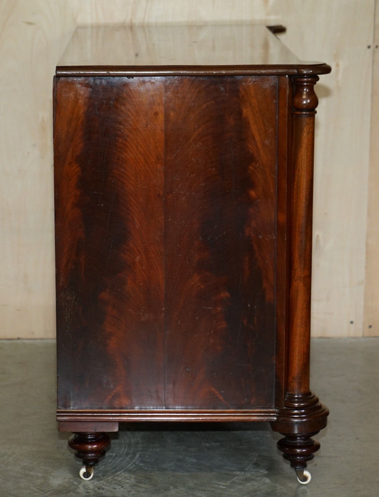 Exquisite Antique Victorian Flamed Mahogany Chest Of Drawers Porcelain Castors photo vintage