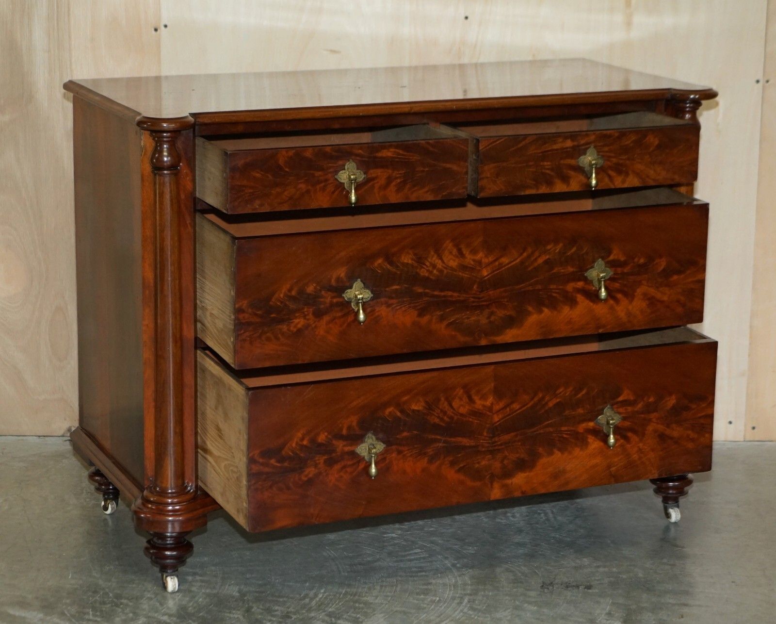 photo for sale Exquisite Antique Victorian Flamed Mahogany Chest Of Drawers Porcelain Castors