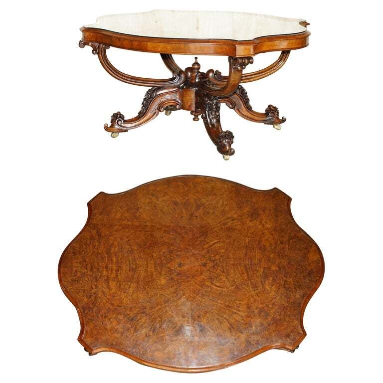 Very Fine Circa 1860 Antique Victorian Ornately Carved Centre Burr Walnut Table