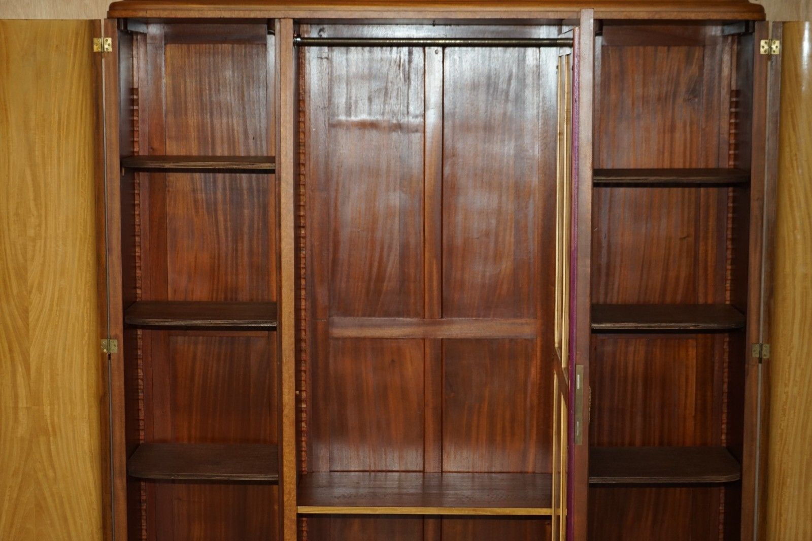 photo furniture Antique Art Deco Burr Maple Triple Bank Circa 1920's Wardrobe Mirrored Door