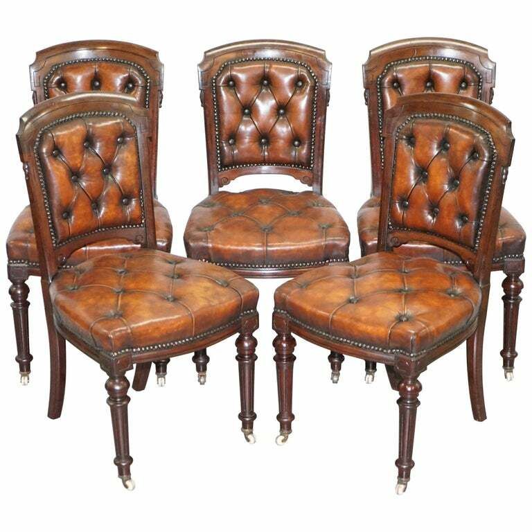 Fully Restored Suite Of Five Chesterfield Brown Leather & Mahogany Dining Chairs
