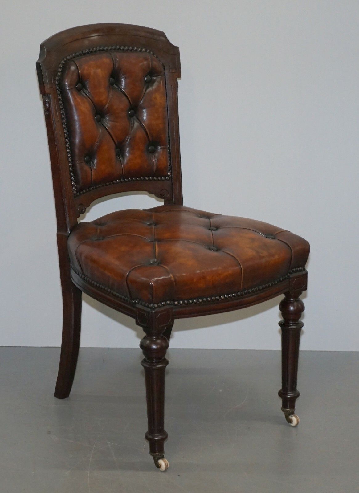 Fully Restored Suite Of Five Chesterfield Brown Leather & Mahogany Dining Chairs photo furniture