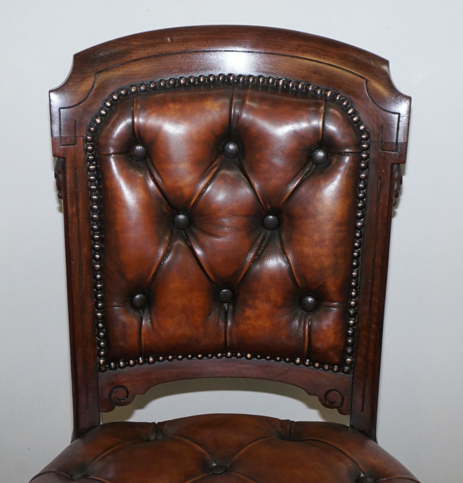 Fully Restored Suite Of Five Chesterfield Brown Leather & Mahogany Dining Chairs photo Furniture