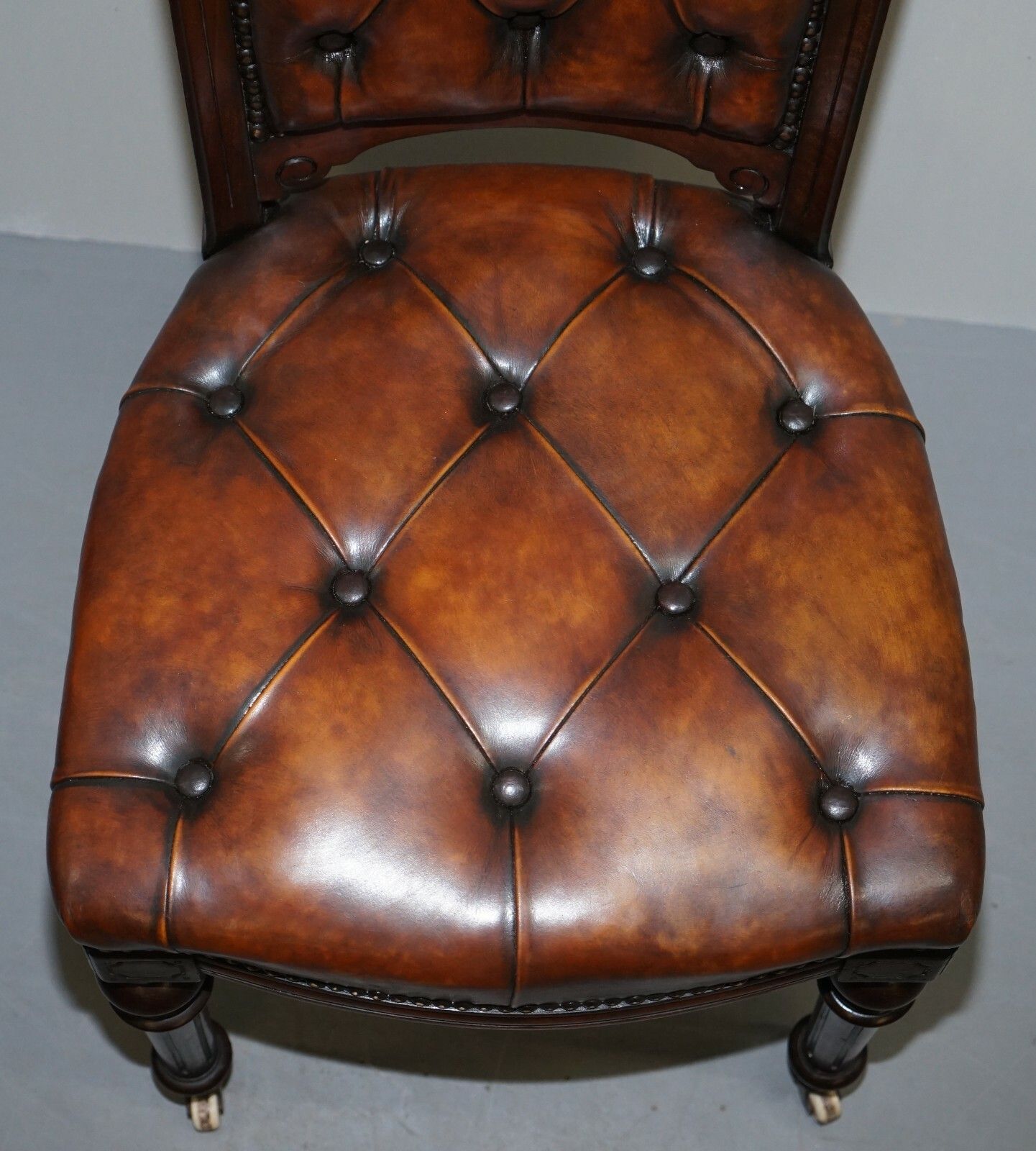 Fully Restored Suite Of Five Chesterfield Brown Leather & Mahogany Dining Chairs photo buy