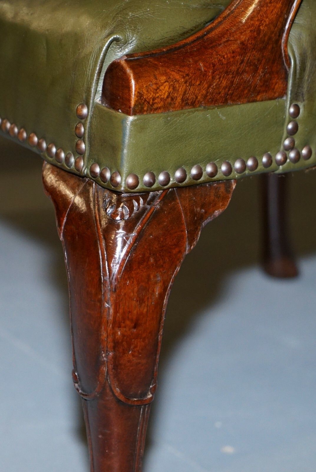 photo for sale Circa 1800 Gothic Revival Georgian Irish Chesterfield Leather Carver Armchair