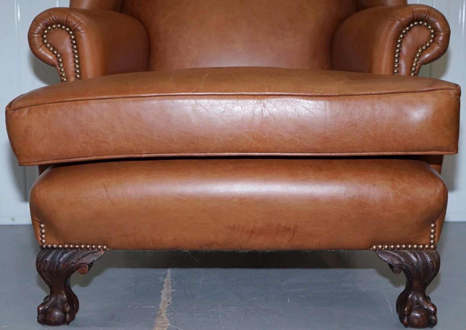 Pair Of Restored Brown Leather Circa 1860 Wingback Armchairs Claw & Ball Feet photo 3500.0