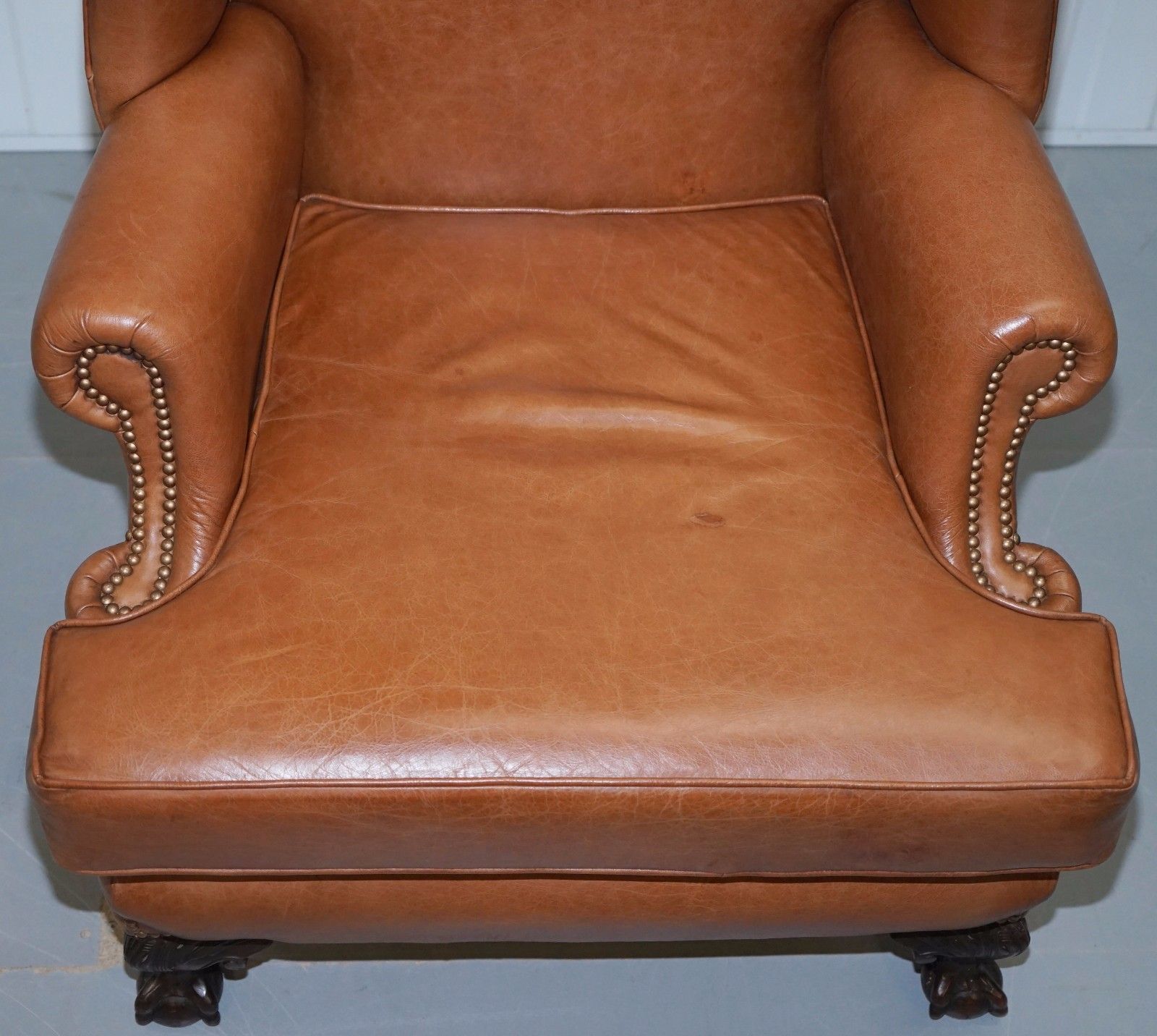 Furniture Pair Of Restored Brown Leather Circa 1860 Wingback Armchairs Claw & Ball Feet photo