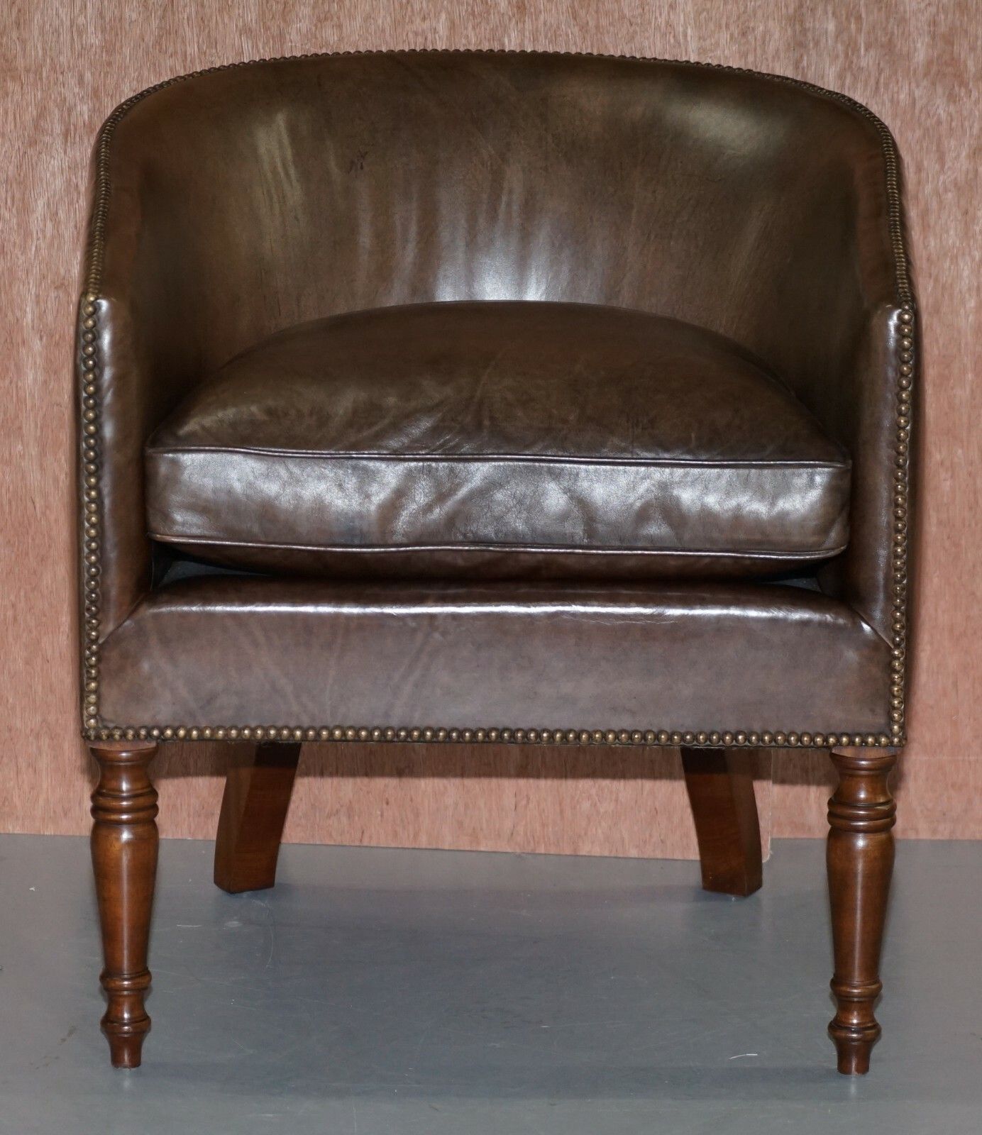 Pair Of Sublime Hand Dyed Barrel Back Tub Armchairs In Brown Leather Comfortable photo for sale
