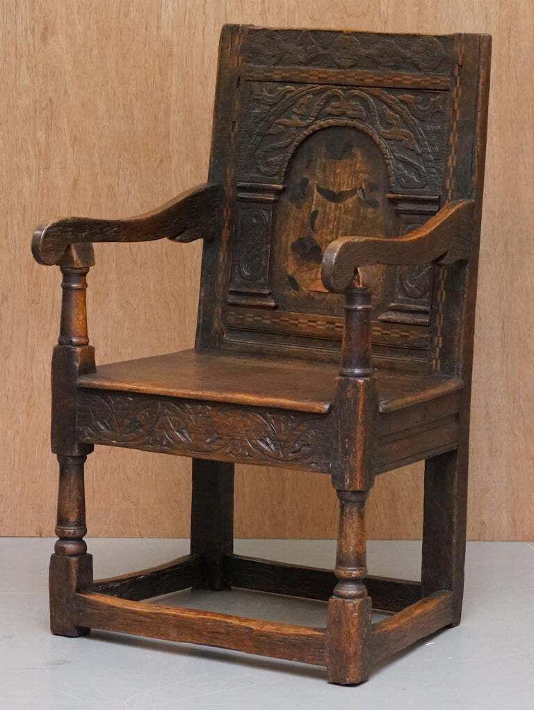 17th Century Charles I English Oak Wainscot Armchair Primate Design Hand Carved photo for sale