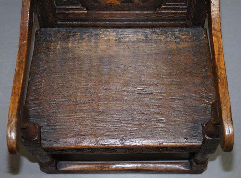 17th Century Charles I English Oak Wainscot Armchair Primate Design Hand Carved photo vinterior